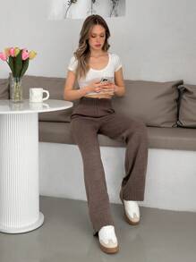 EURMUSE Women Solid Color Drawstring Detailed Wide Leg Sweater Pants,Burgundy Trousers - Brown - View 5