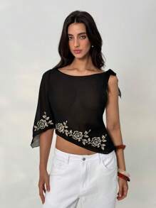 Aloruh Blouse en mousseline de soie transparente avec broderie florale, manches évasées, nœud papillon et épaules dénudées pour femmes, pour le printemps/été, style casual - Noir - Voir 4