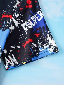 SUPERMAN X SHEIN Bộ đồ ngủ tay ngắn màu đen rộng rãi thoải mái cho bé trai tuổi teen họa tiết graffiti nhiều màu sắc và quần short - Nhiều màu - Xem 8