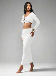 MISSGUIDED 纹理针织短款上衣 超长裙 配套套装 长袖 V 领 冬季度假装 配套单品 - 白色 - 查看 4