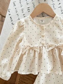 SHEIN 可爱优雅的蝴蝶结荷叶边波点上衣和松紧腰裤两件套 - 杏色 - 查看 5