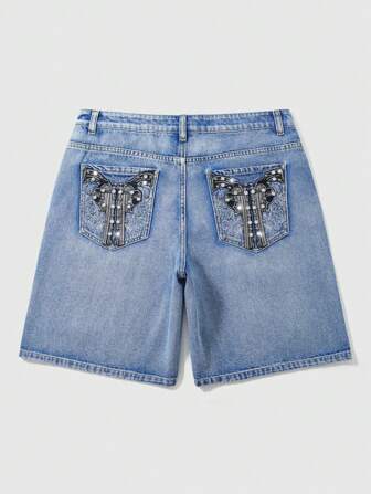 Street Life Shorts de mezclilla holgados con bolsillo bordado, decoración de diamantes y perlas falsas para hombres