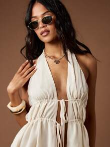 MISSGUIDED 波西米亚节日雪纺露背上衣分层荷叶边夏季海滩褶饰前部音乐会层背心派对度假吊带背心 - 杏色 - 查看 4