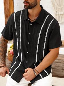 ResortEase 大码男士夏季度假风格撞色蕾丝丝带短袖衬衫男士黑色纽扣衬衫