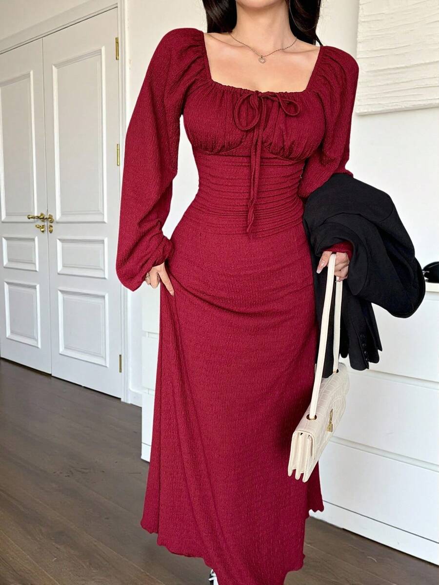 Modelyn Women Square Neck Ruched Tie Front Long Sleeve Dress Long Evening Dresses - Burgundy - View 1