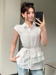 DAZY 夏季休闲简约纯色衬衫款式系带前抽绳腰部短袖两件套女士 - 白色 - 查看 2