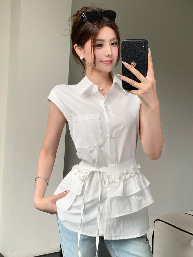 Summer Casual Simple Solid Color Shirt Style Tie Front Drawstring Waist Short Sleeve 2pcs Set For Women