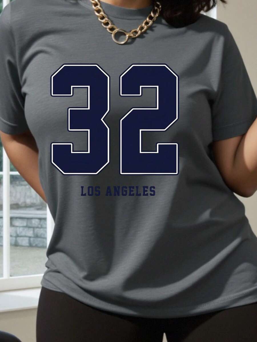 Maweii 大码女式字母印花圆领短袖休闲T恤，夏季 - 灰色 - 查看 1