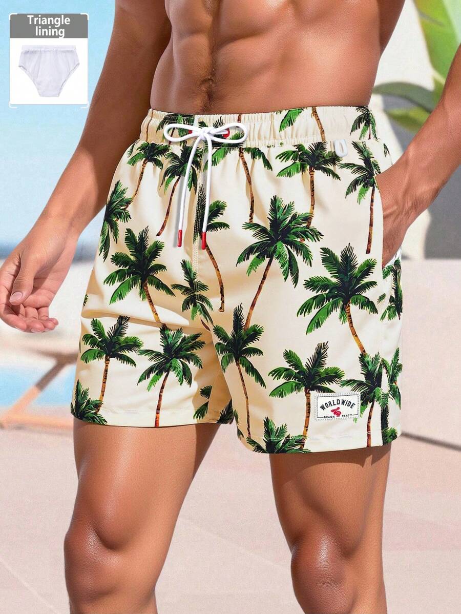 Manfinity VDAYZ Men's Palm Tree Print Drawstring Waist Beach Shorts, Hawaiian