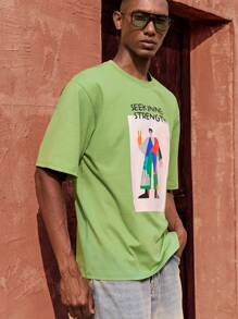 Maija Tricou bărbătesc cu guler rotund, verde, cu mânecă scurtă, cu imprimeu artistic abstract, potrivit pentru plajă, festivaluri de muzică, Ziua Independenței, afaceri, casual, nuntă, ținute de zi cu zi