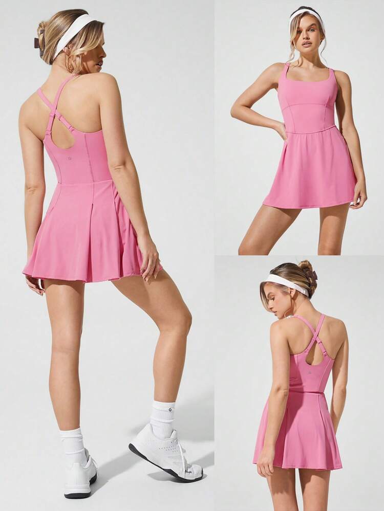 Quick-Dry Sweat-Wicking Built-In Cups Square-Neck Dress With Built-In Shorts Side Pockets Non-Slip Grips Tennis Golf Gym Daily Casual