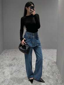 DAZY 女士仿牛仔二合一半裙，可叠穿长裤，四季皆宜的女士牛仔裤 - 中等水洗藍 - 查看 6