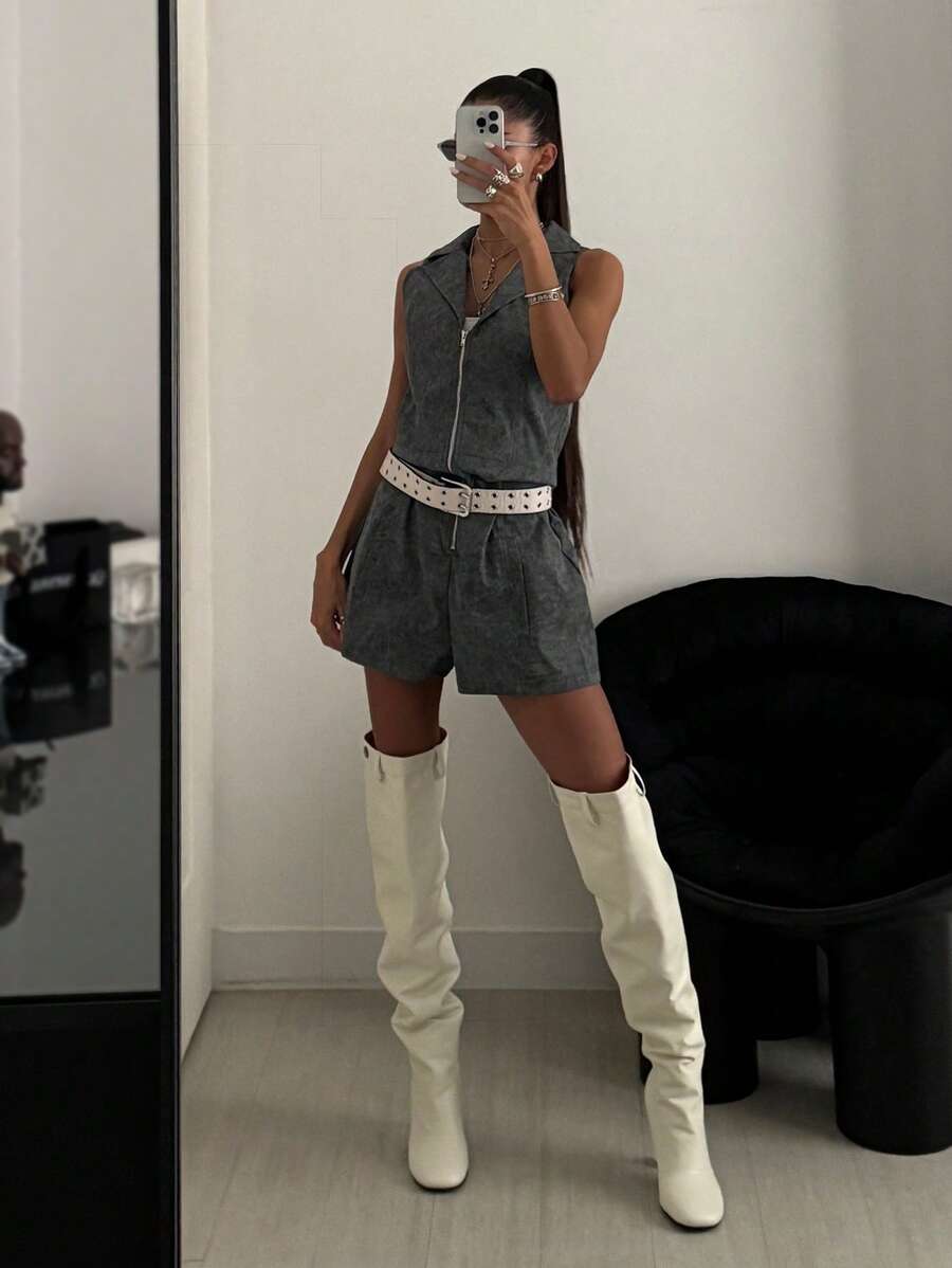 StreetHx Women Distressed Washed Short Jumpsuit