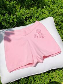 Comfortcana Solid Color Sweater With 3D Flower Decor And Shorts - Pink - View 3
