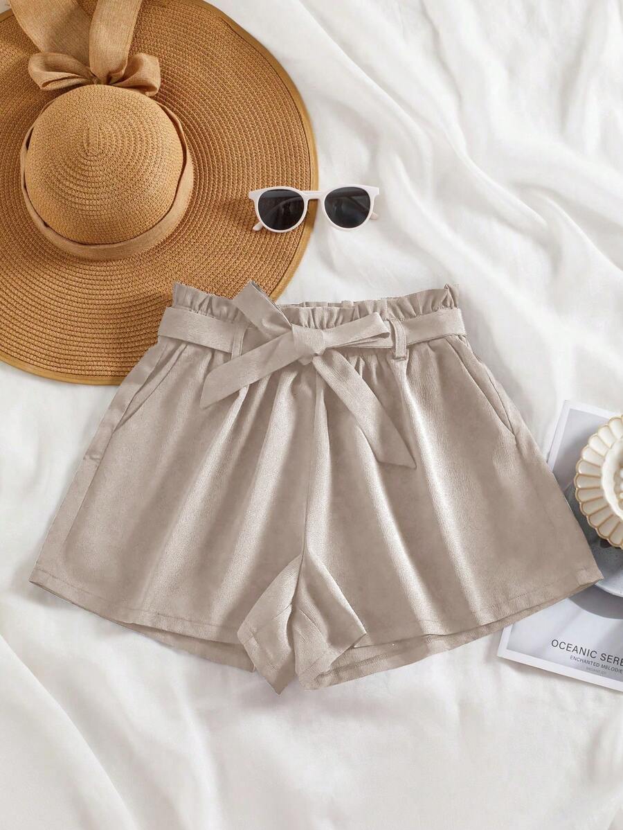 Women's Solid Color Waist Tied Pocket Relaxed Casual Shorts - Apricot - View 1