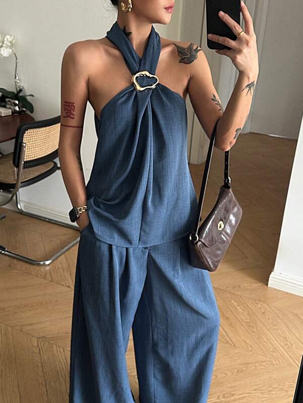 Strévra 2pcs/Set Vintage Coin Decor Halter Neck Top And Wide Leg Pants Set, Suitable For Early Summer