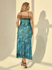 Auralis Plus Size Summer Elegant Teal Graphic Spaghetti Strap Fishtail Dress For Women,Tea Party Beach Birthday Graduation Club Outfits,Y2k Fairycore Flowy - Multicolor - View 2