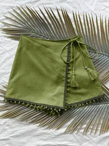 Soleia WYWH 度假女士音乐节裹身裙裤带丝带拼接流苏绑带纹理面料短裤 - 綠色 - 查看 5