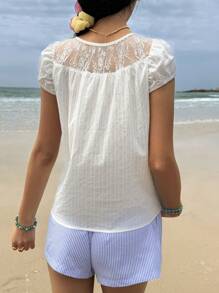 SHEIN EZwear Damen Sommer Lässig einfarbige Spitzen-Patchwork Bluse - Weiss - Übersicht 2