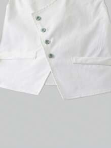 Set de 2 vestă elegantă, la modă, casual, pentru băieți preadolescenti, include vestă albă neregulată + cămașă albă cu mânecă lungă + pantaloni lungi verzi