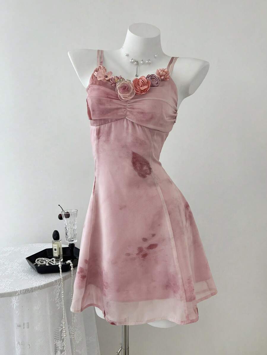 Elamini 女士 3D 花卉装饰褶饰吊带裙 - 藕粉色 - 查看 1