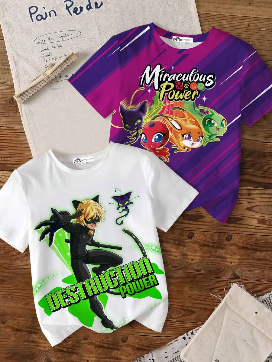 Miraculous Ladybug X SHEIN Conjunto de 2 piezas de niña pre-adolescente con camiseta de manga corta de verano informal con estampado de letras de dibujos animados - Multicolor - Ver 1