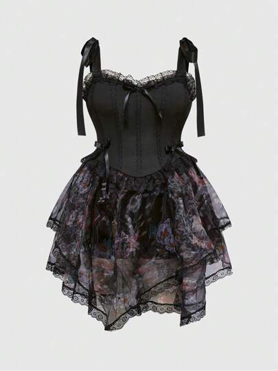 Goth Vestido maxi con estampado floral, dobladillo asimétrico y adorno de encaje en lazo para mujer de talla grande, ideal para una fiesta en el jardín