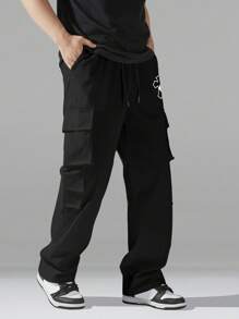 Manfinity Hypemode Men's Cross Print Drawstring Waist Cargo Pants With Pockets - Black - View 3