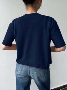 EURMUSE Gold Button Short Sleeve Elegant Cardigan - Navy Blue - View 2
