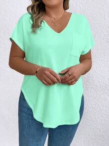EMERY ROSE Plus Size Simple Solid Color Curved Hem Casual T-Shirt, Summer - Green - View 4