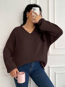 EURMUSE Plus Size Plain Color Raglan Sleeve Casual Sweater, Autumn/Winter - Brown - View 5