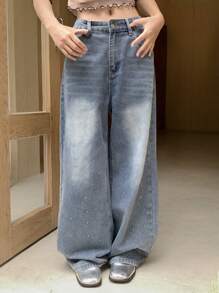 DAZY 女式全花卉印花口袋休闲阔腿牛仔裤 - 藍色 - 查看 5