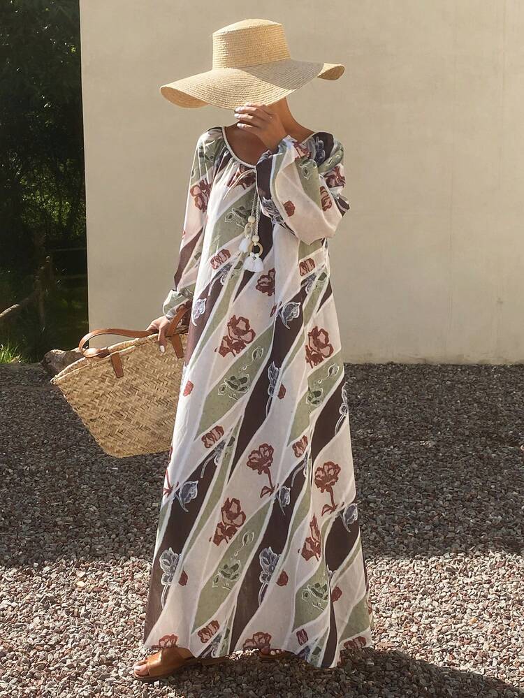 Bohemian Printed Dress, Slimming Beach Vacation Long Dress,Fall Clothes Boho