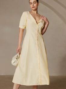 Aveloria Rosie V-Neck Vintage Style Sexy Small Collar Puff Sleeve Short Striped Waist Pleat Yellow Plus Size Extra Long Women Dress
