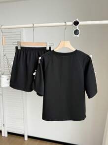 2pcs/Set Girls Casual All-Match Daily Sports Style Fashion Co-Ord Set: Loose Knit T-Shirt With 3D Bow Trim + Shorts