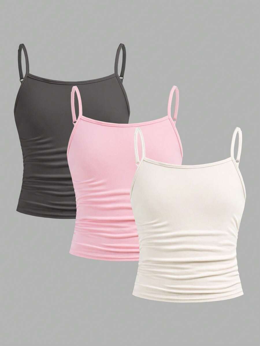 SHEIN Girlism 3pcs/Set Tween Girls' Slim Fit Sporty Camisole Basic Tops, School, Campus, College - Baby Blue - View 1