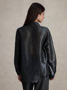 Briarwyn Shiny Loose Solid Front Button Long Sleeve Shirt, Style Summer And Beach 4th Of July Airport