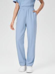 TaskEZ 2 Pieces Women's /Nurse Scrub Uniform Set: Long Top & Pants - Dusty Blue - View 7