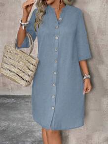 SHEIN LUNE Women's Casual Solid Color Front Button Dress, For Vacation