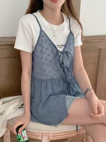 DAZY Women Solid Color Spaghetti Strap Sheer Lace Up Summer Casual Tank Top