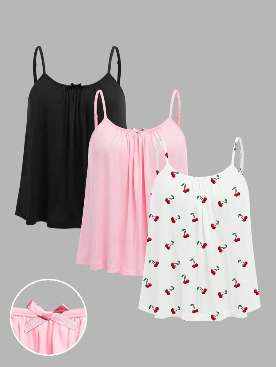 Comfortcana 3 件加大码女式纯色蝴蝶结和樱桃图案褶皱宽松吊带背心，可调节肩带，适合春夏季 - 彩色 - 查看 1
