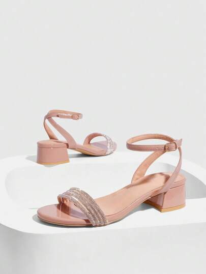 CUCCOO SZL 1 双女士时尚淡粉色水钻踝带舒适低跟凉鞋，适合通勤、约会、派对、节日、婚礼、情人节