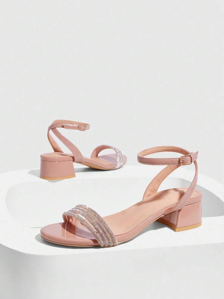 CUCCOO SZL 1 Pair Women Fashionable Pale Pink Rhinestone Ankle Strap Comfort Low Heel Sandals, Suitable For Commute, Date, Party, Holiday, Wedding, Valentine's For Christmas Spring Shoes Prom Heels