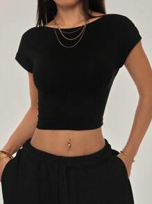 SHEIN PETITE Tricou negru cu spate deschis, potrivit pentru ținute mici, de vară
