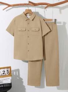 Set de cămașă cu mânecă scurtă și pantaloni cu talie elastică, ocazional, de culoare solidă, cu buzunar frontal, potrivit pentru toamnă, primăvară, vară, joacă în aer liber, școală, fotografie de stradă, petrecere și petrecere a timpului liber