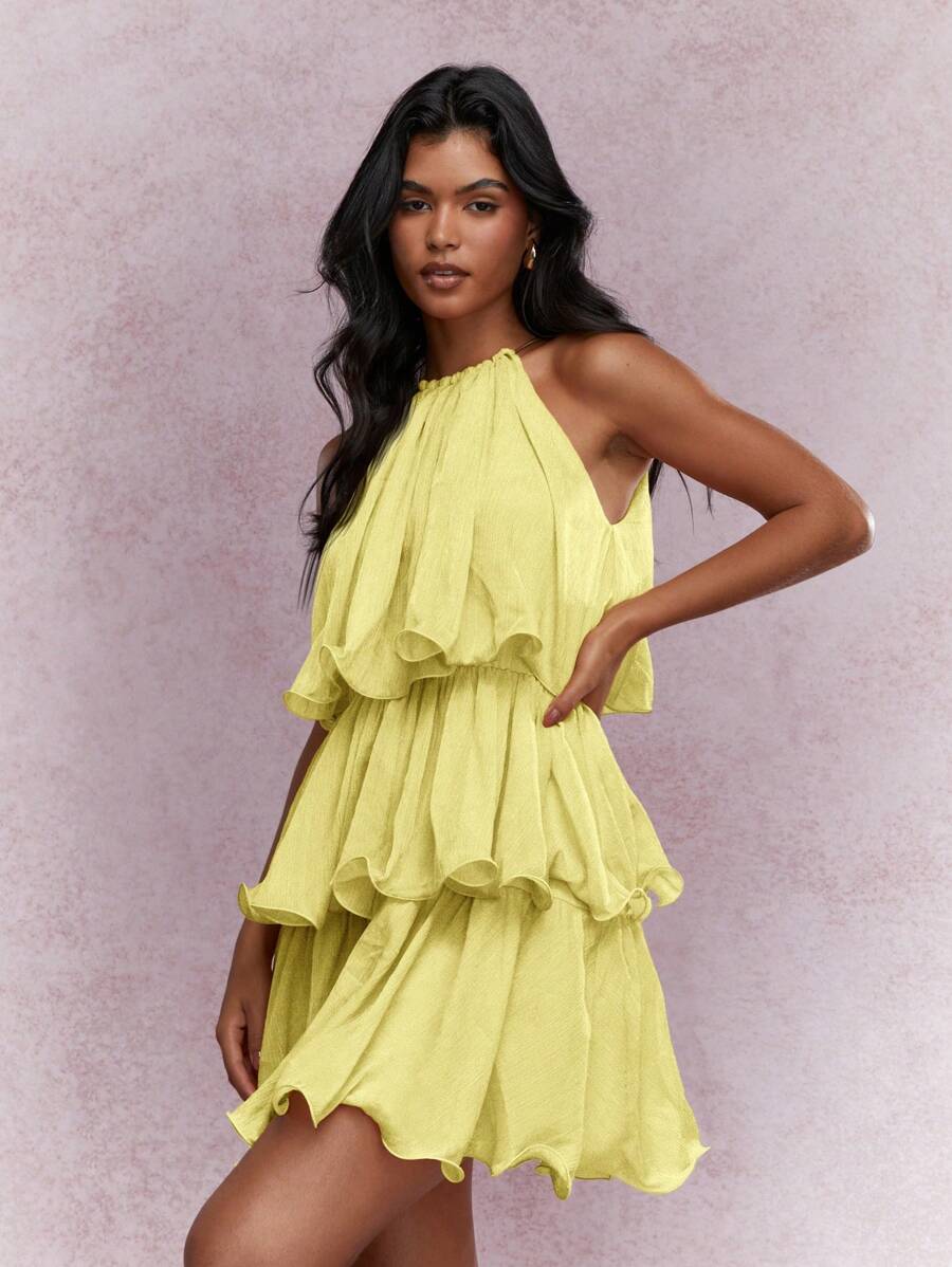 MISSGUIDED Halter Neckline Mini Party Dress Ruffled Tiered Layered Boho Wedding Guest Festival Spring Summer Occasion - Yellow - View 1