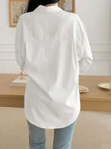 DAZY 女式撞色蕾丝斜领系带宽松长袖休闲度假衬衫，秋季 - 白色 - 查看 2