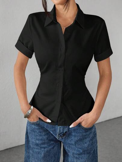 SHEIN PETITE White Women's Shirt Waist Cinch Pleated Short Sleeve Shirt