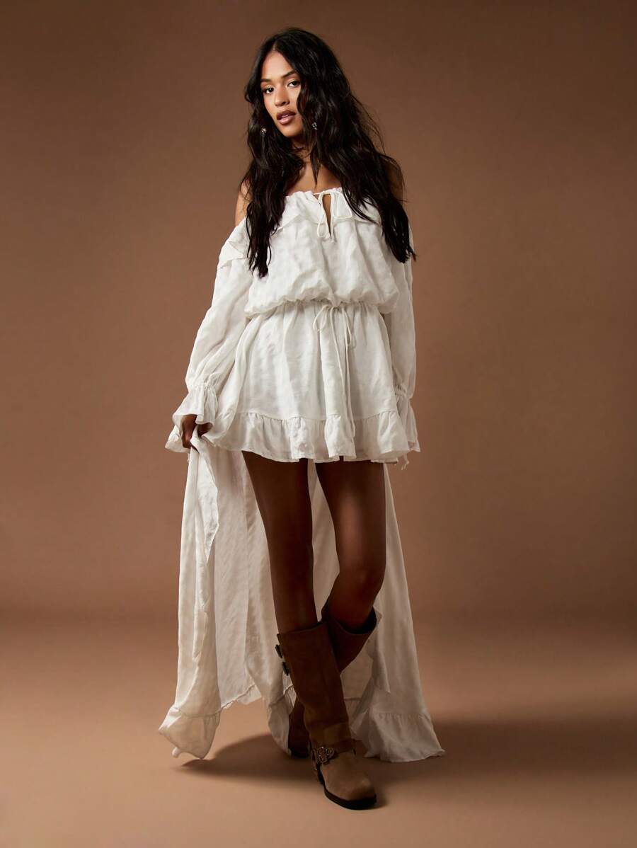 MISSGUIDED Bohemian Off Shoulder High Low Maxi Dress With Ruffle Details Long Sleeve Drawstring Waist Flowing Wedding Guest Party Summer Fall Ball Gown - White - View 1