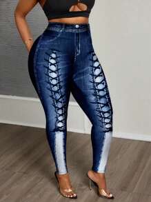 Slaydiva Casual Knitted Denim Effect Leggings For Women, Long Style Suitable For Summer Fall Clothes - Multicolor - View 4